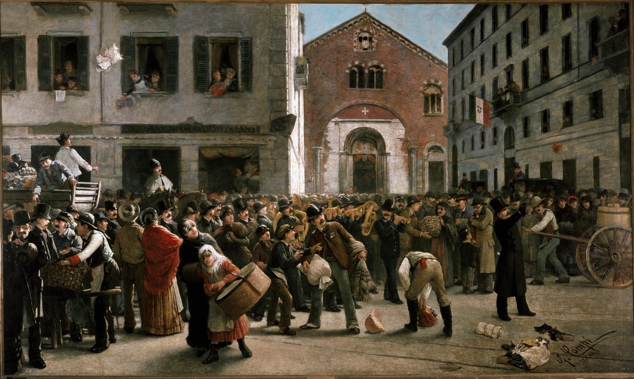Insamling i corso Garibaldi i Milano för offren för översvämningar nära Verona, 24 december 1882 (Målning av Giacomo Campi