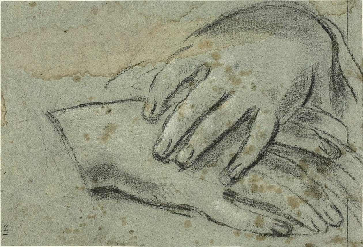 Korslagda händer (recto); höger fot, delvis täckt av draperi (verso) av Giacomo Cavedone