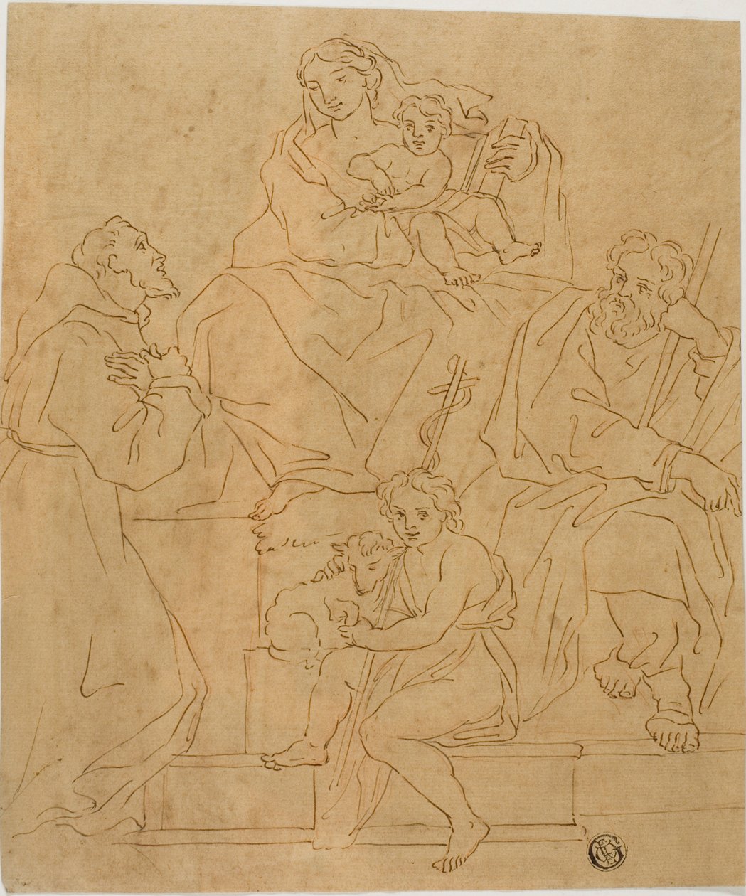 Den heliga familjen med den helige Franciskus av Assisi och Johannes Döparen av Giacomo Cavedone