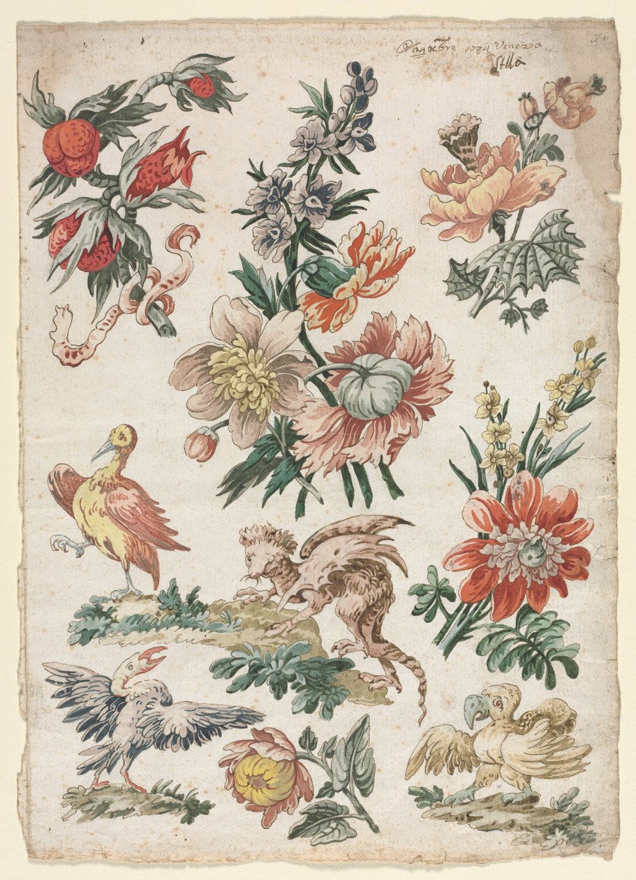 Blommönster med fåglar och Griffon, 1784. av Giacomo Cavenezia