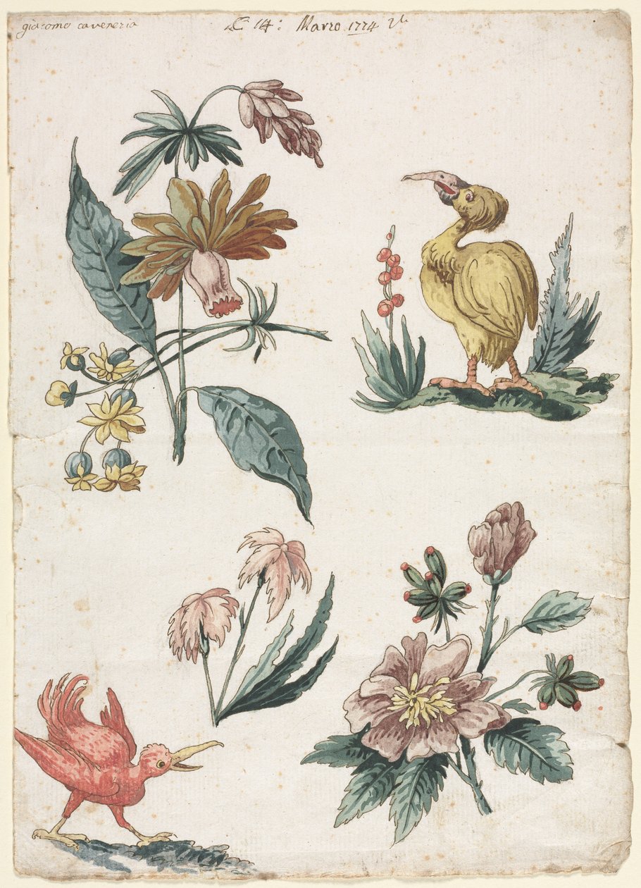 Blommönster med två fåglar, 1774. av Giacomo Cavenezia