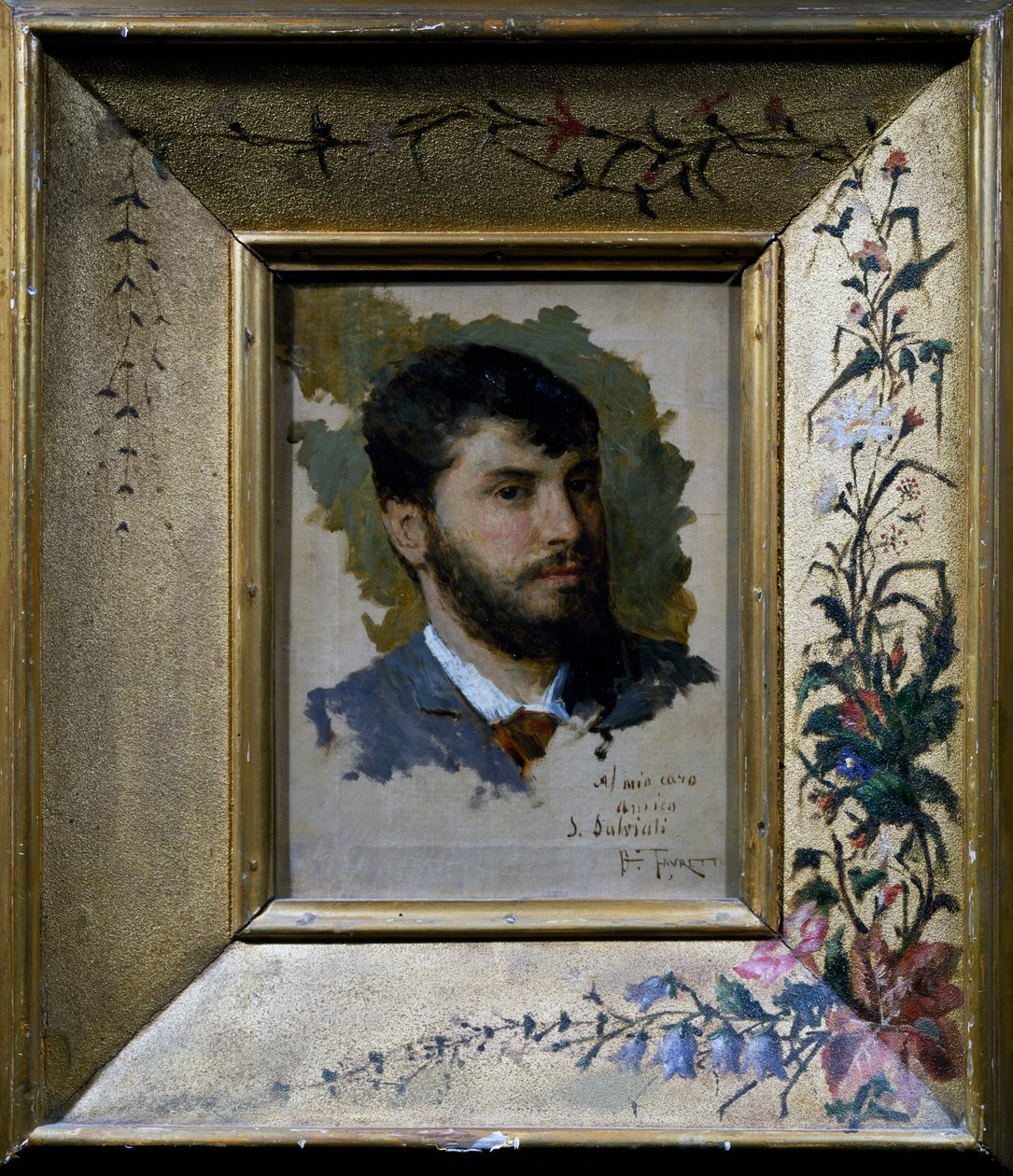 Självporträtt med målad ram med blommotiv av Giacomo Favretto