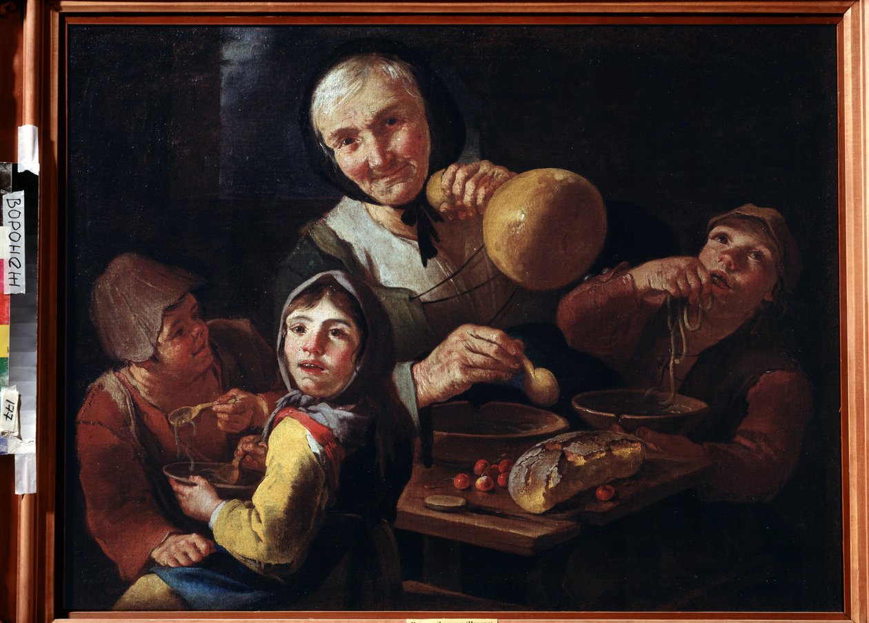 ""Bondens måltid"" (Bondens måltid) En gammal bondkvinna och tre barn som frukostar på soppa, körsbär och bröd. Målning av Giacomo Francesco Cipper (1664-1736) 1700-talets Ivan Kramskoy (eller Kramskoi) konstmuseum i Voronezh (Voronezh), av Giacomo Francesco Cipper