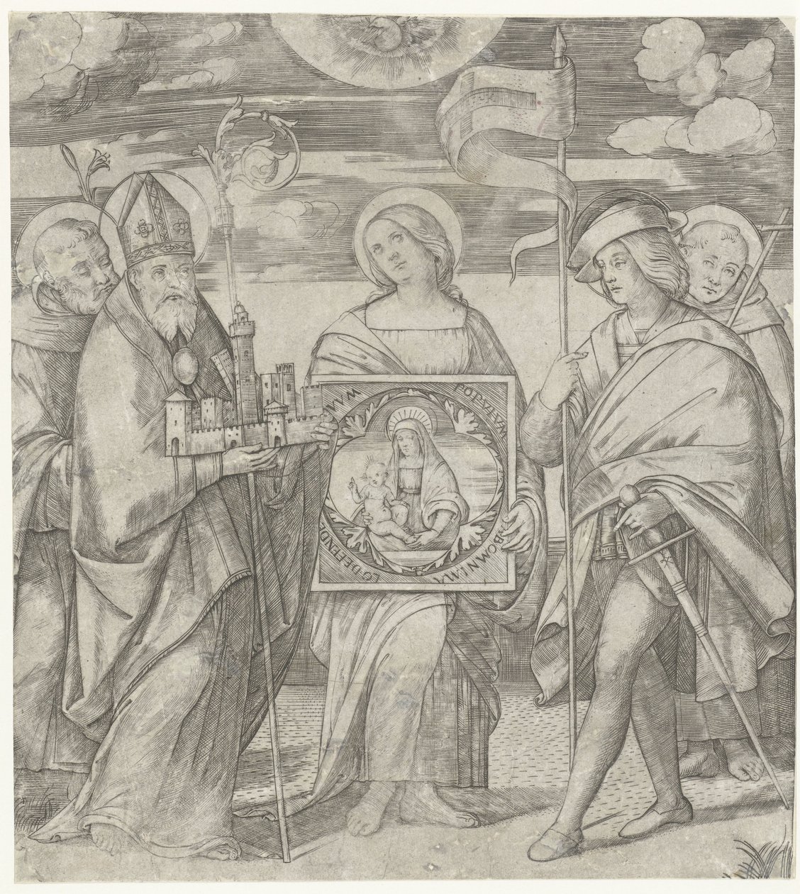Fem skyddshelgon av Bologna föreställande Maria av Giacomo Francia