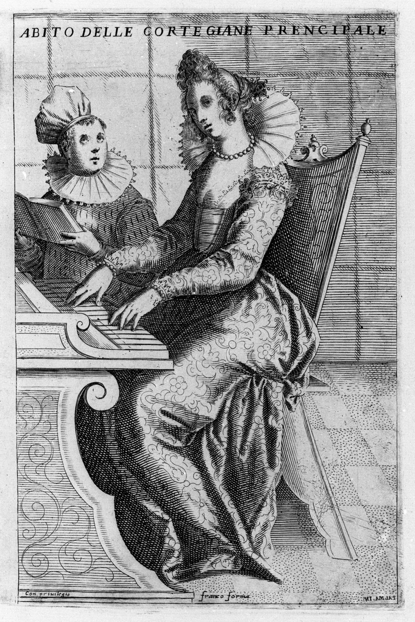 En kurtisan i elegant klänning som spelar piano. Gravyr av Giacomo Franco (1550-1620) från "Venedig, bruk och seder"", cirka 1597. av Giacomo Franco