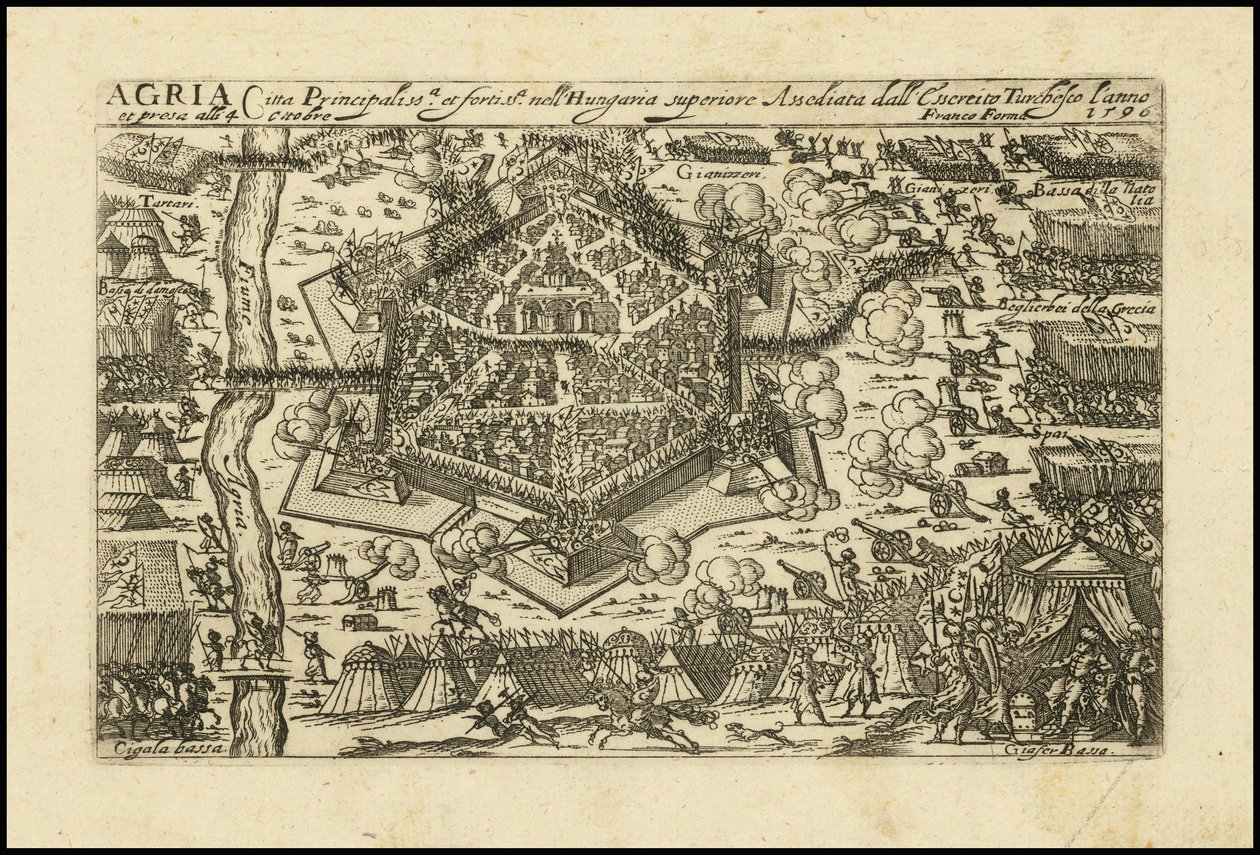 Agria - Huvudstad och befäst stad i övre Ungern Belägrad av den turkiska Cyssereite år 1596 av Giacomo Franco