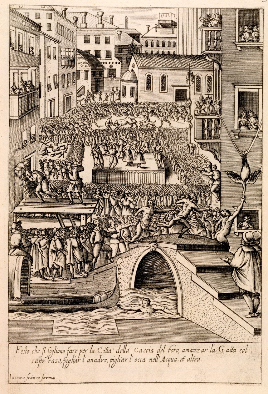 Djurbete vid den venetianska "Jaktens festival", illustration från serien "Habiti d