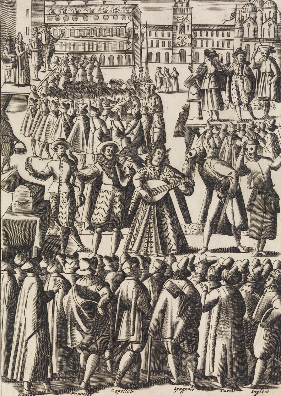 Underhållning som charlataner ger varje dag på Piazza di S. Marco al Populo ..., ca. 1610. av Giacomo Franco