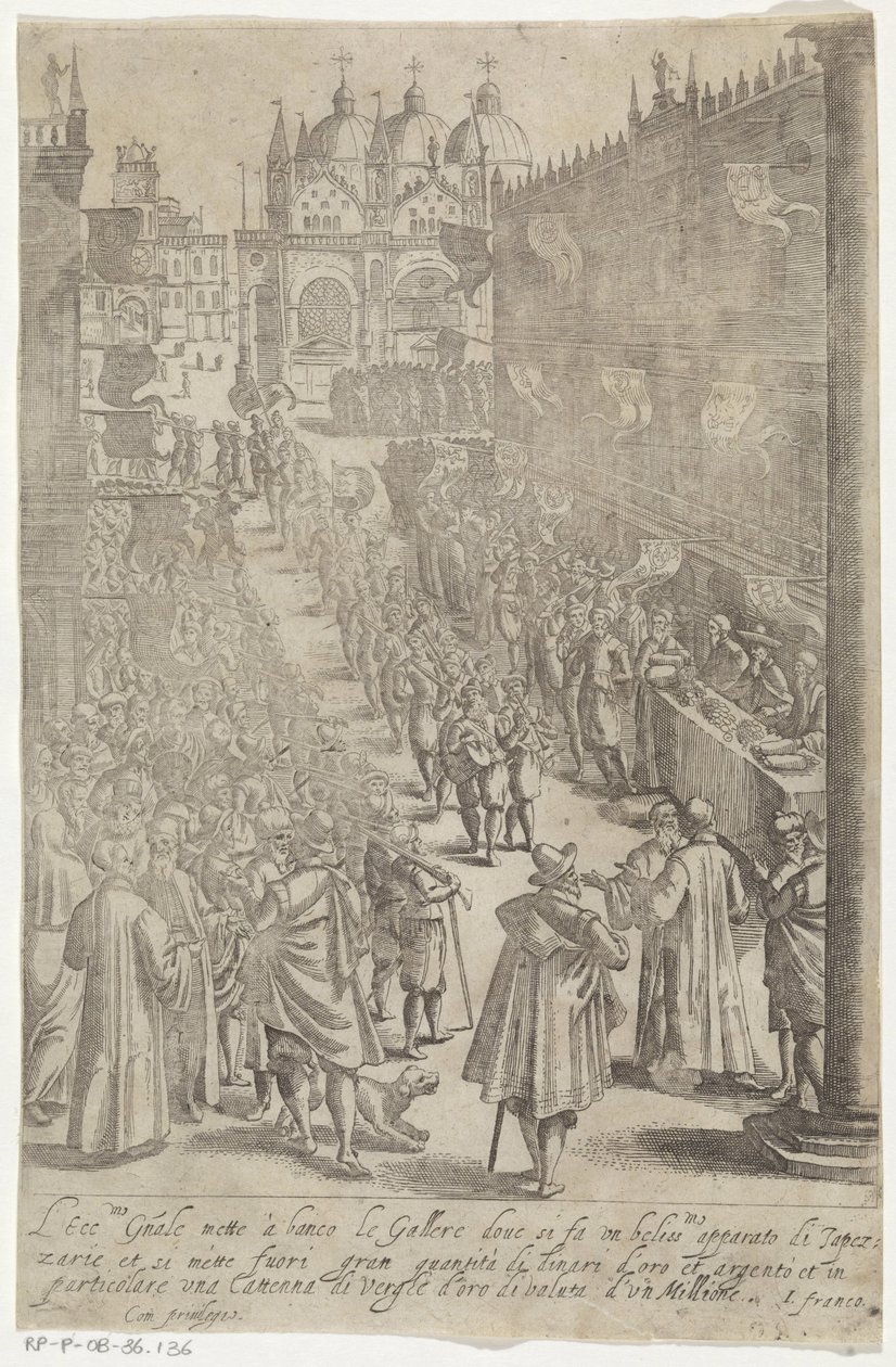 Optocht av muzikanten för Dogepalis Klänning av venetianska män och kvinnor med processionen av Ser.ma Signoria och andra detaljer, d.v.s. triumfer, fester och offentliga ceremonier i den ädlaste venetianska staden av Giacomo Franco