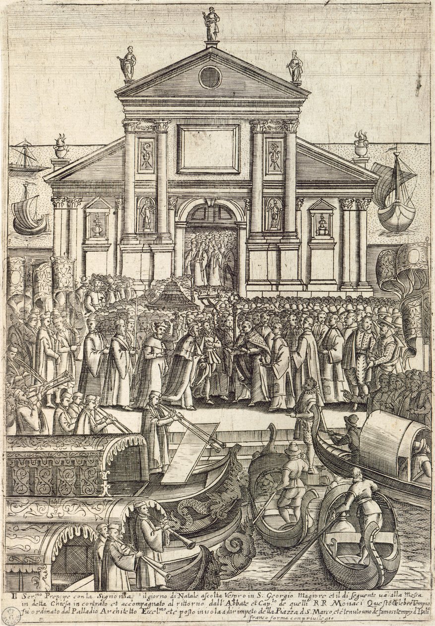 Dogen och hans följe lyssnar på vesper på juldagen i San Giorgio Maggiore-kyrkan i Venedig av Giacomo Franco