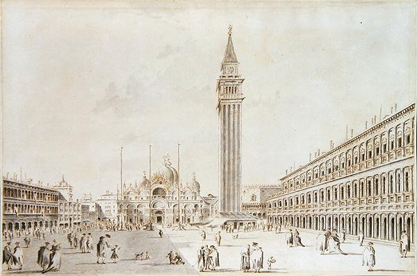 Utsikt över Piazza San Marco med utsikt mot basilikan och Campanile (penna och bläck med tvätt på papper) av Giacomo Guardi