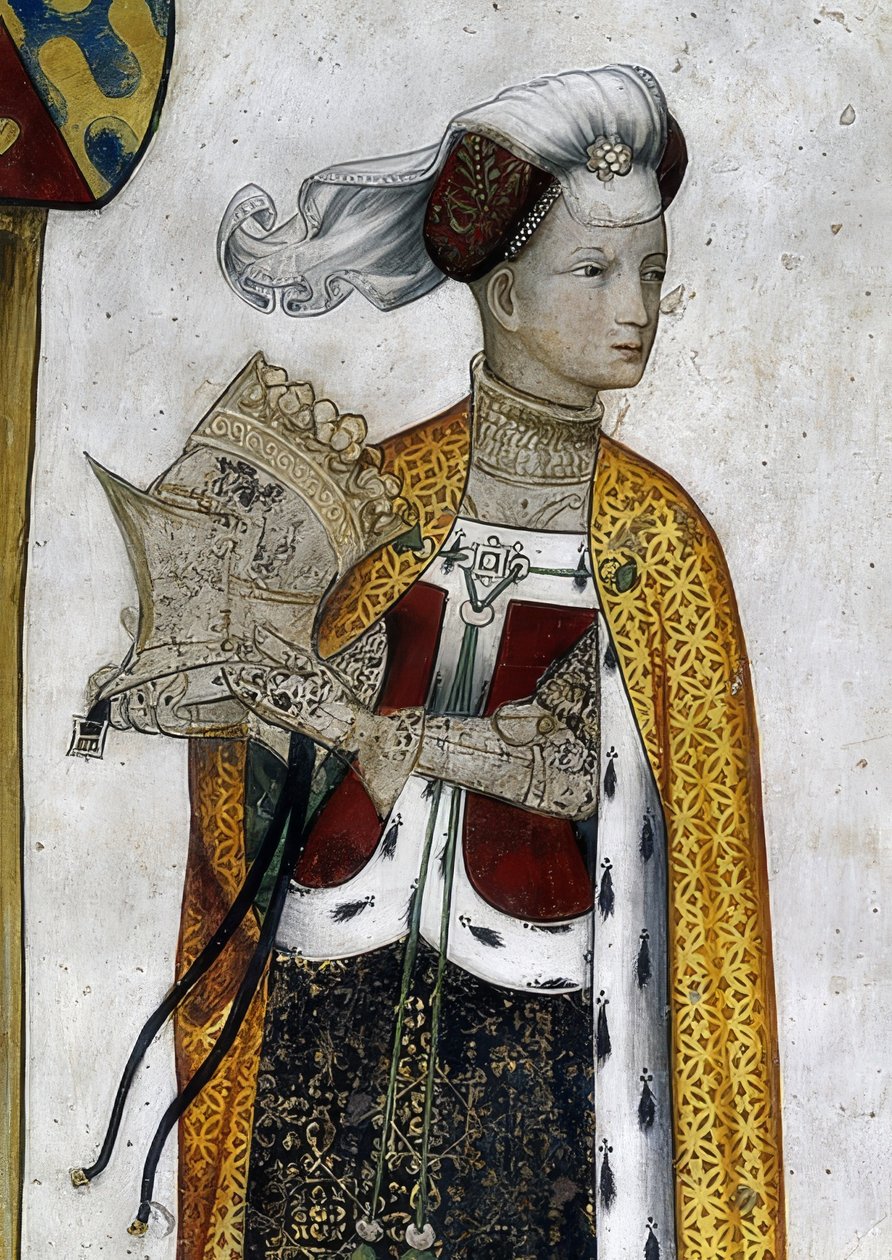Skildring av markisen av Saluzzo och deras fruar som historiska och mytologiska hjältar och hjältinnor. Detalj: Riccarda di Sicilia, hustru till Tommaso II, som Amazonas drottning Lampeto. 1418-30 av Giacomo Jaquerio