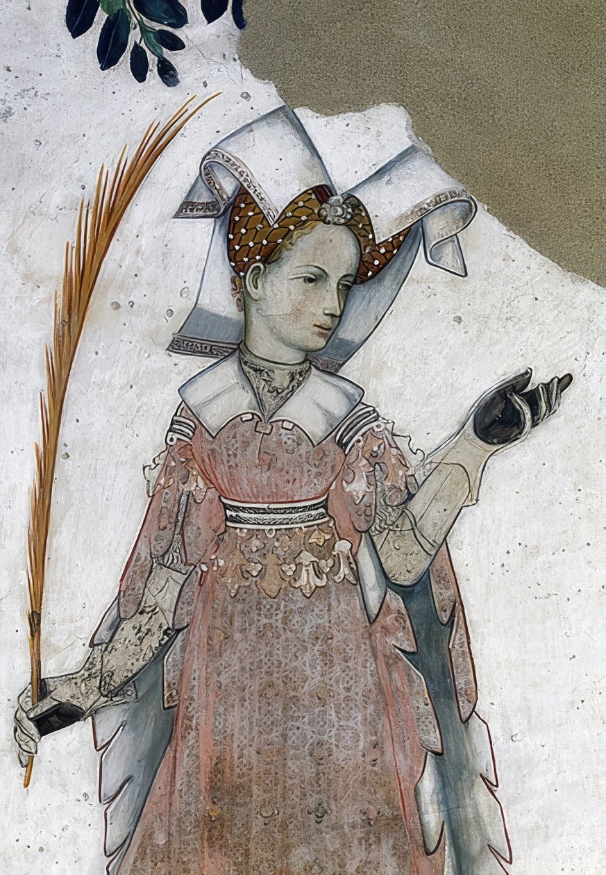 Skildring av markisen av Saluzzo och deras fruar som historiska och mytologiska hjältar och hjältinnor. Detalj: Marguerite de Roussy, hustru till Tommaso III. som Teuca. 1418-30 av Giacomo Jaquerio