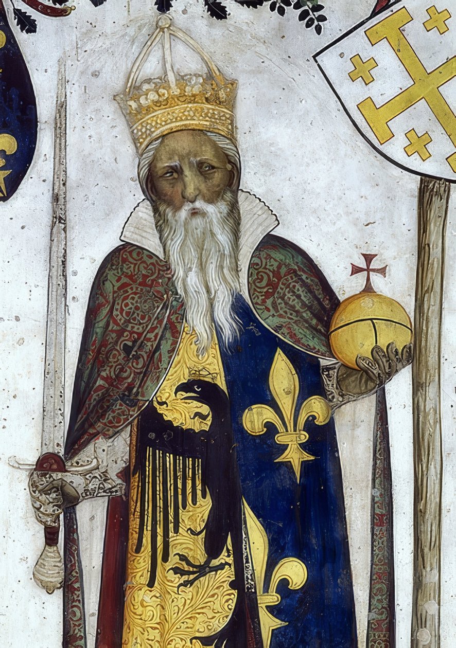 Skildring av markisen av Saluzzo och deras fruar som historiska och mytologiska hjältar och hjältinnor. Detalj: Manfredo III. som Karl den Store. 1418-30 av Giacomo Jaquerio