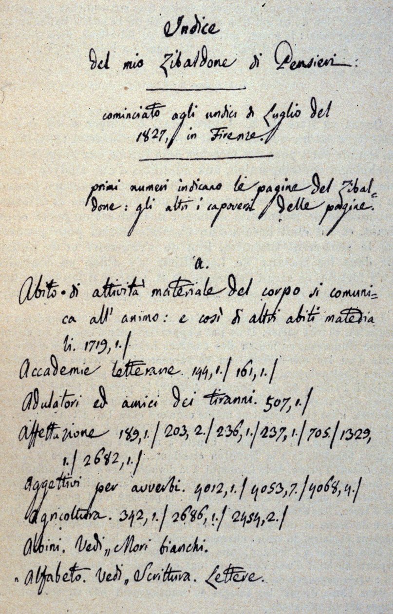 Initiation av manuskriptet till Zibaldone (eller "Pensieri") av Giacomo Leopardi (1798 - 1837). 1817-1832 av Giacomo Leopardi