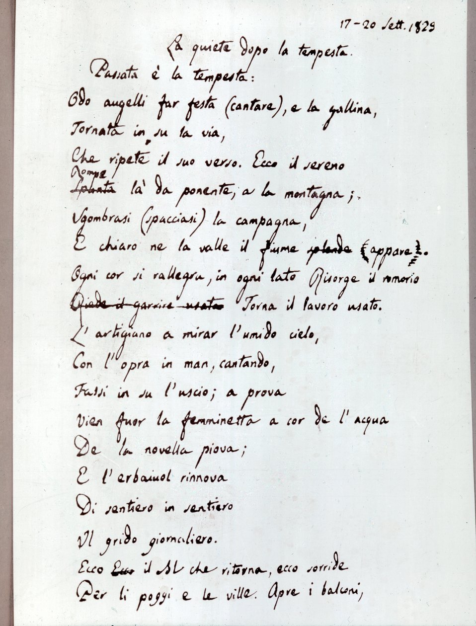 Manuskript till dikten "Stillheten efter stormen" av Leopardi. 1829 (dokument ) av Giacomo Leopardi