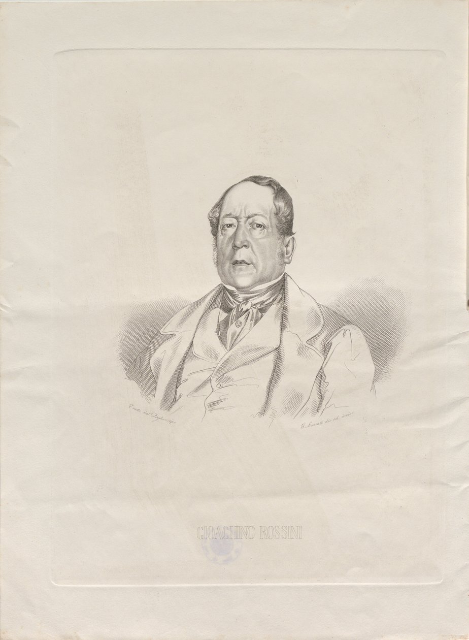 Porträtt av kompositören Gioachino Antonio Rossini 1792-1868, 1852. av Giacomo Luzzati