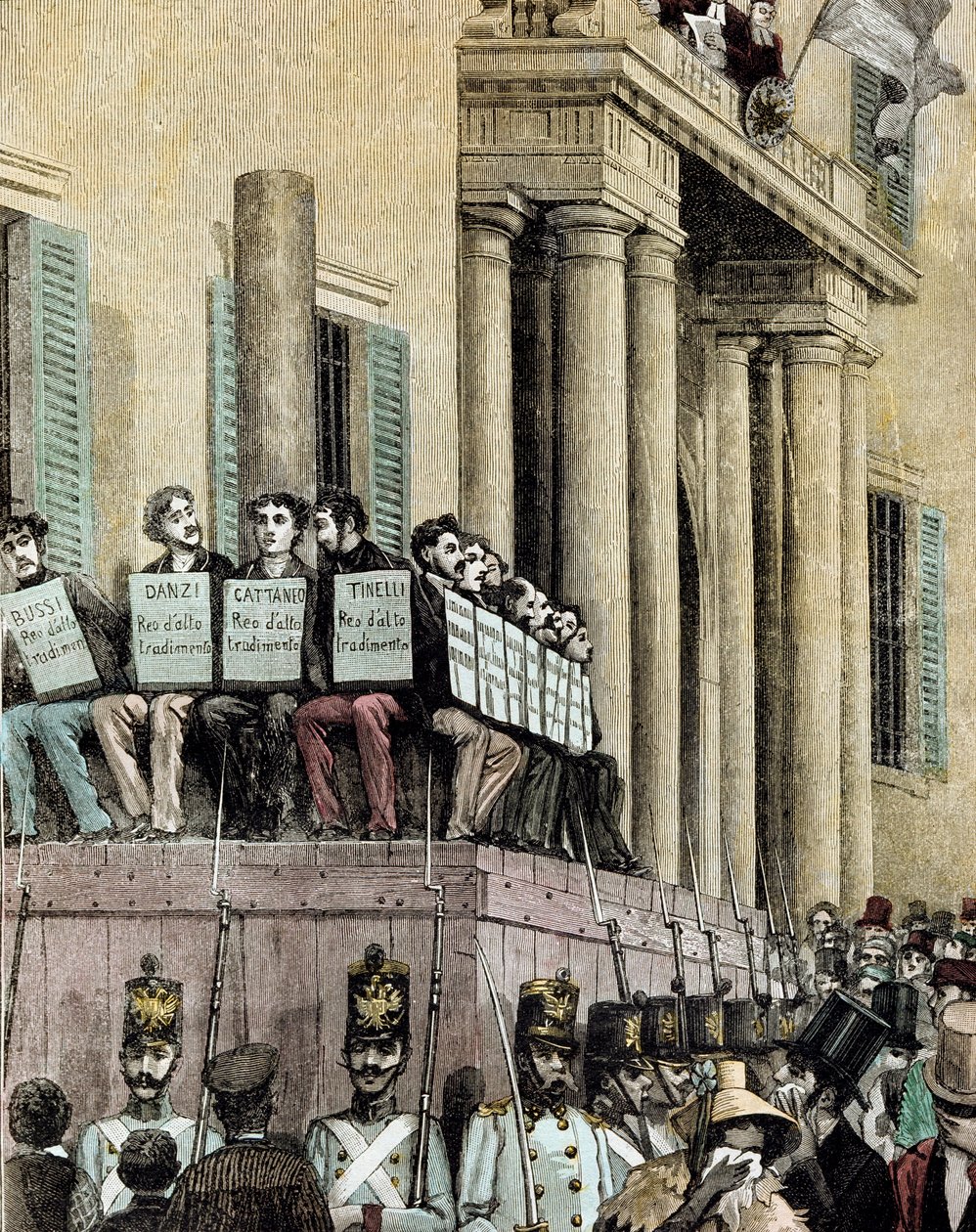 Risorgimento: "" medlemmar av Giovine Italia-rörelsen (inklusive Carlo Cattaneo (1801-1869), Tinelli, Danzi, Bussi) sitter framför Justitiepalatset i Milano och lyssnar på domen som dömde dem till exil 1848"" 1884 Litografi av Manteg av Giacomo Mantegazza
