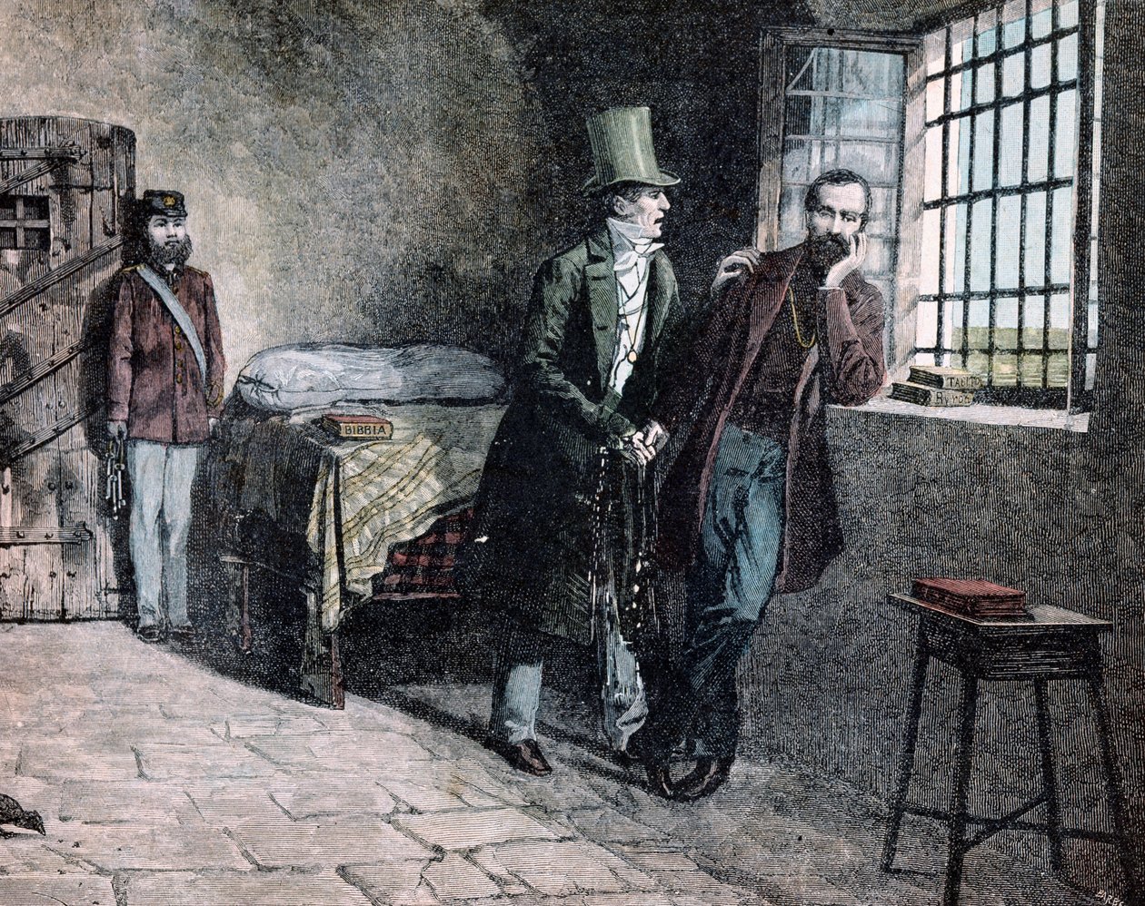 Risorgimento: "" den italienske patrioten Giuseppe Mazzini (1805-1872) fängslad i Savona 1830 möter sin far som tvingar honom att lämna de sardiska staterna"" Gravyr av Giacomo Mantegazza (1853-1920) 1884 Privat samling av Giacomo Mantegazza