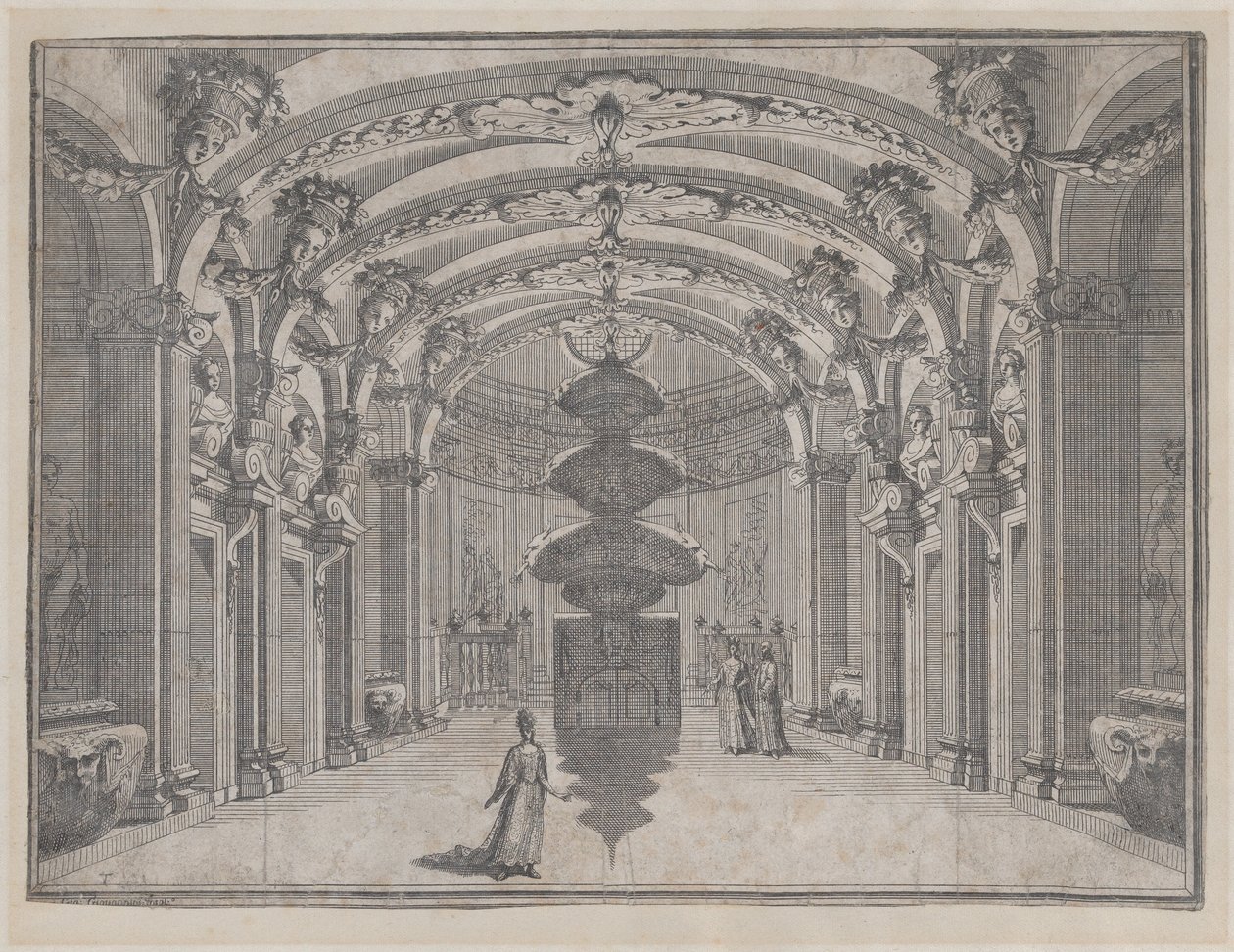 Teaterscen i en stor sal med välvt tak och en central skulptur, ..., ca. 1687-1717. av Giacomo Maria Giovannini