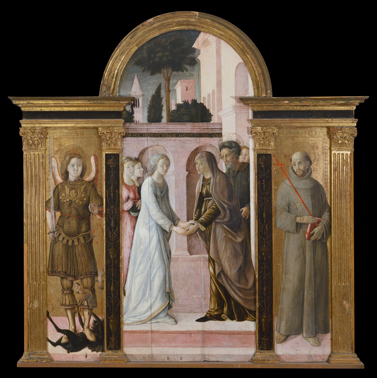 Triptyk: Visitationen, mellan S:t Mikael och S:t Franciskus (målning på trä) av Giacomo Pacchiarotti
