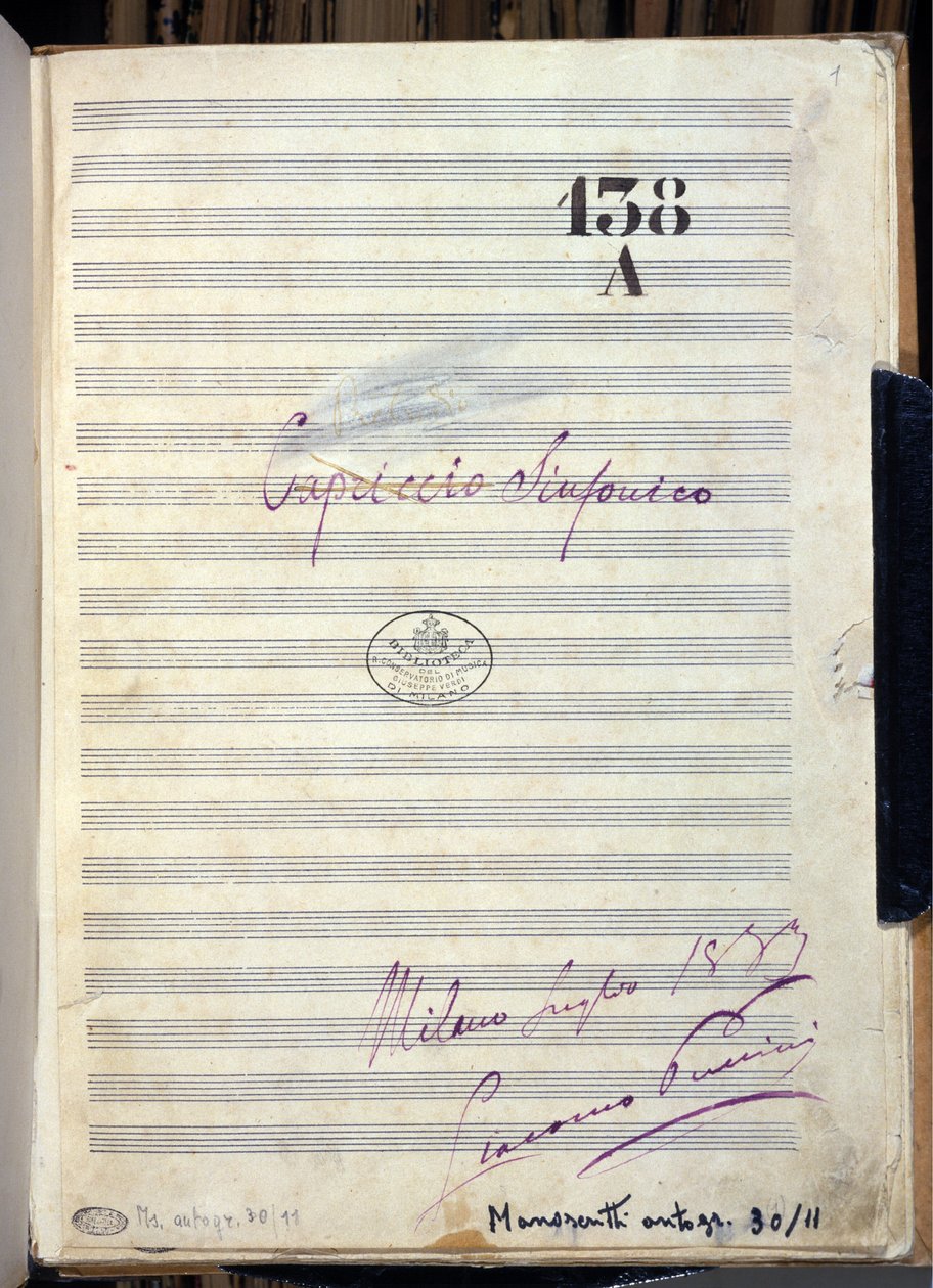 Manuskriptnoter till "" Symphonic Caprice "" "(Symphonic Caprice") av kompositören Giacomo Puccini (1858-1924) 1883. Bibliotek vid Giuseppe Verdi Conservatory, Milano av Giacomo Puccini