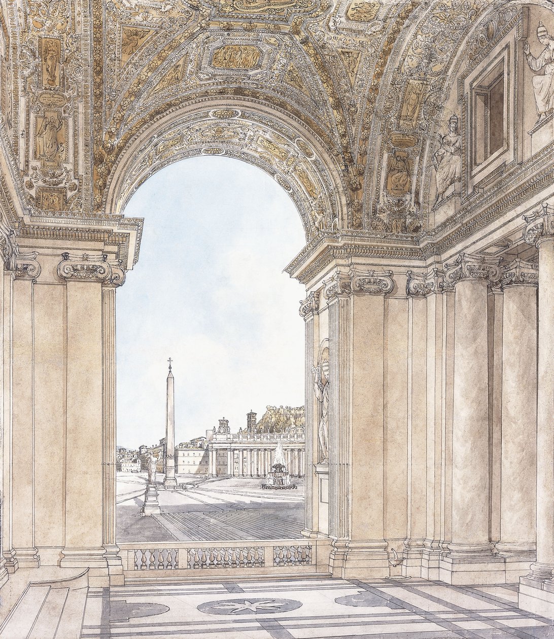 En utsikt över Piazza San Pietro, Rom med utsikt söderut från basilikans portik, före 1779 av Giacomo Quarenghi