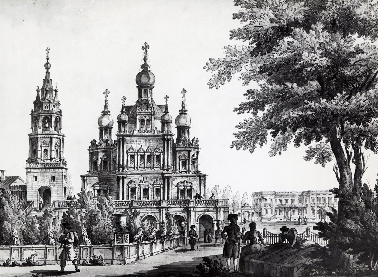 Himmelsfärdskyrkan och Gagarin-palatset i Moskva, teckning av Giacomo Quarenghi Domenico (1744-1817), tryck, Ryssland av Giacomo Quarenghi