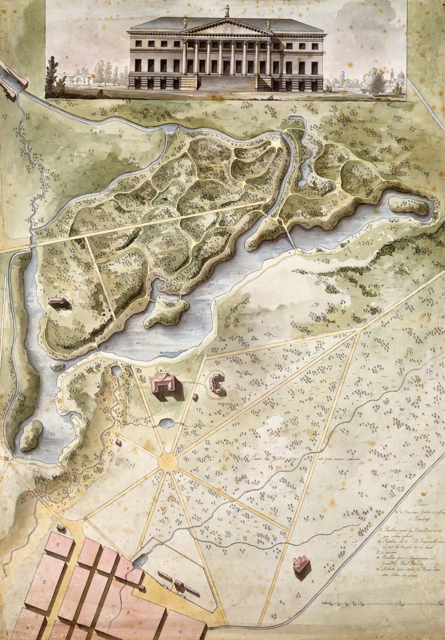 Peterhof, Ryssland: Upphöjning av det engelska palatset och plan för parken, av Giacomo Quarenghi