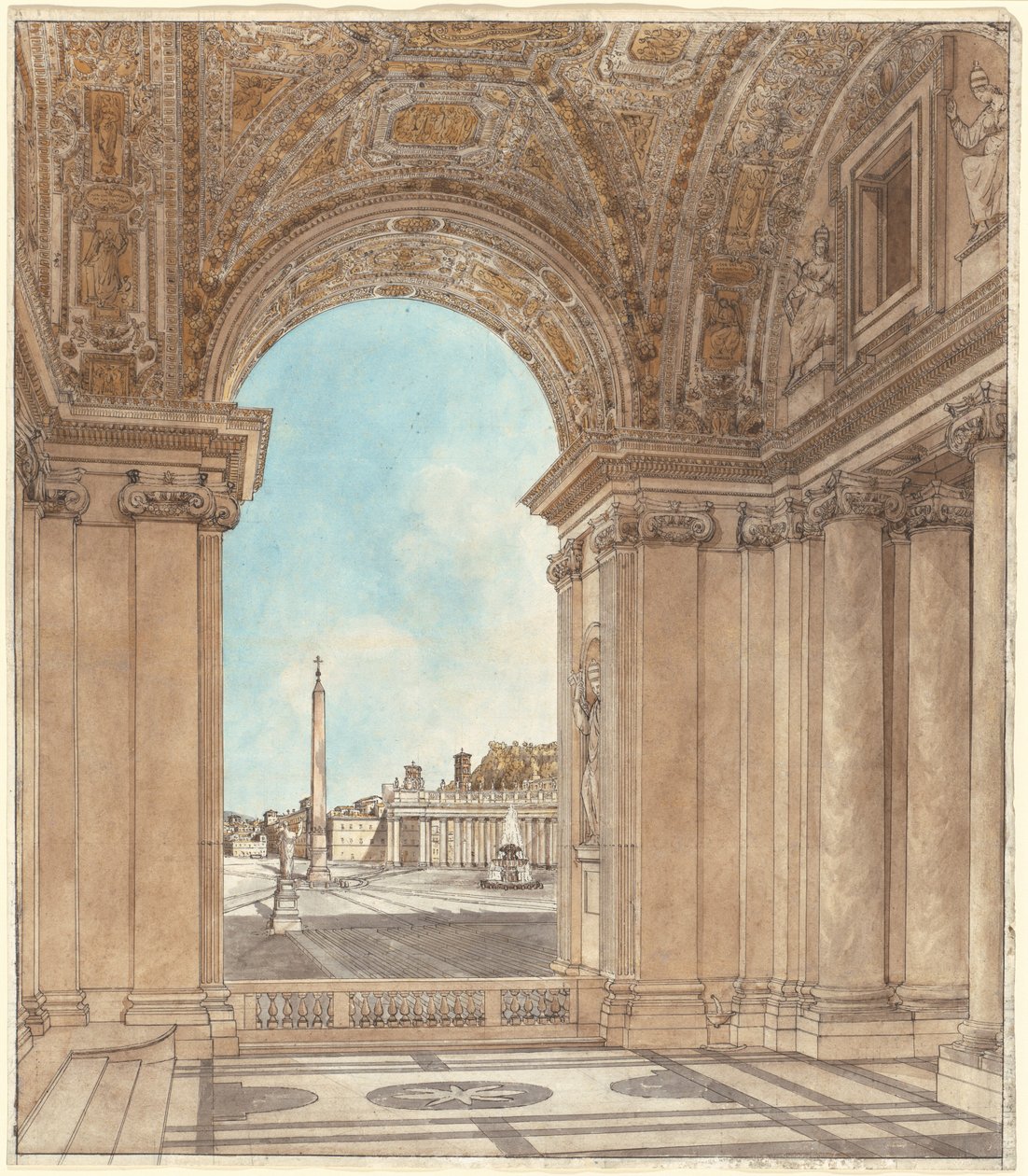 Piazza av Peterskyrkan sett genom en båge av basilikan av Giacomo Quarenghi