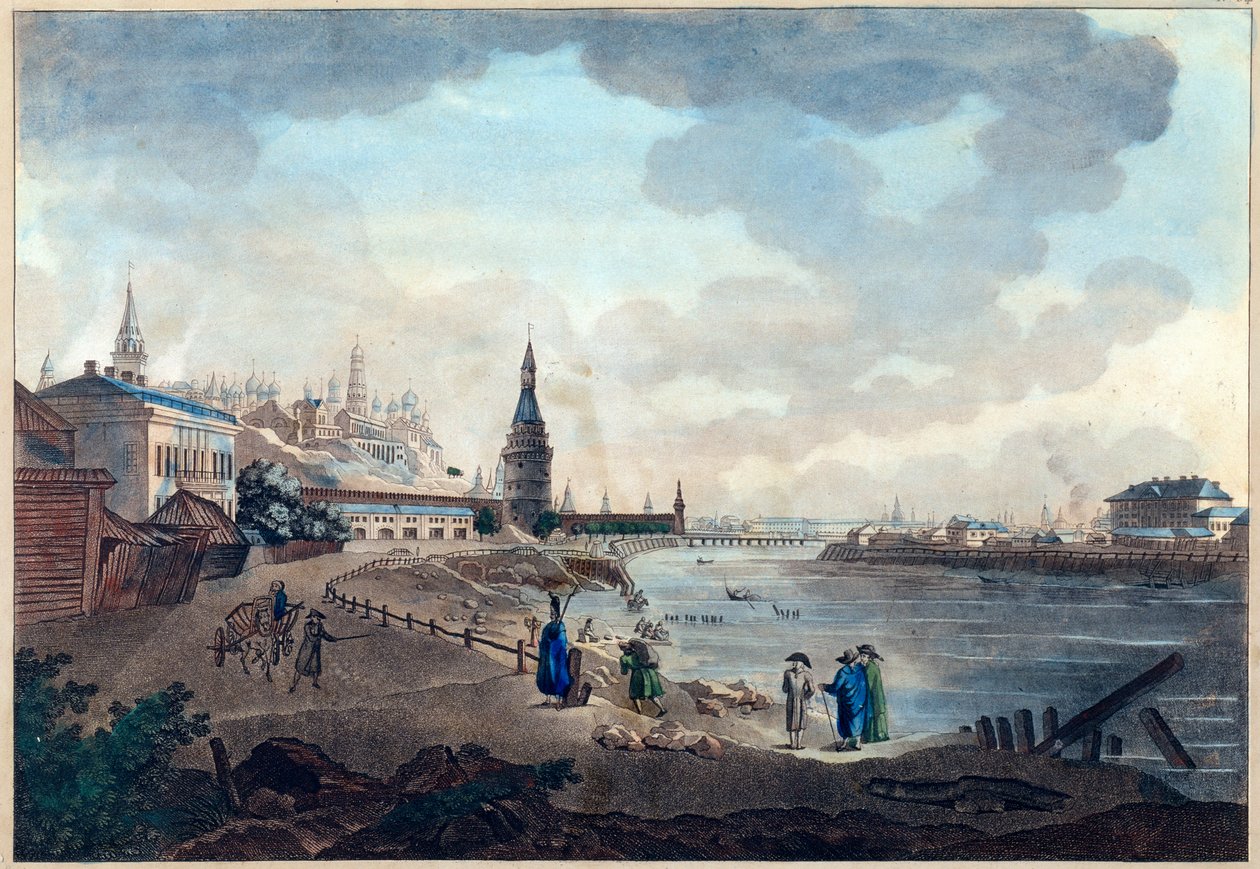 Vy över Kreml från Moskva från stenbron över Moskva (Moskva eller Moskwa). Verk av Giacomo Antonio Domenico Quarenghi (1744-1817), akvarell och bläck på papper, cirka 1790. Italiensk konst av Giacomo Quarenghi