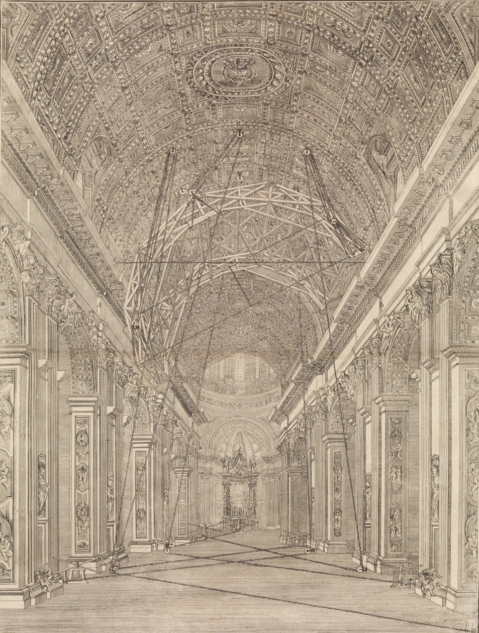 Ställningar uppförda för restaurering av valvet i Peterskyrkan: Översikt..., ca. 1773. av Giacomo Sangermano
