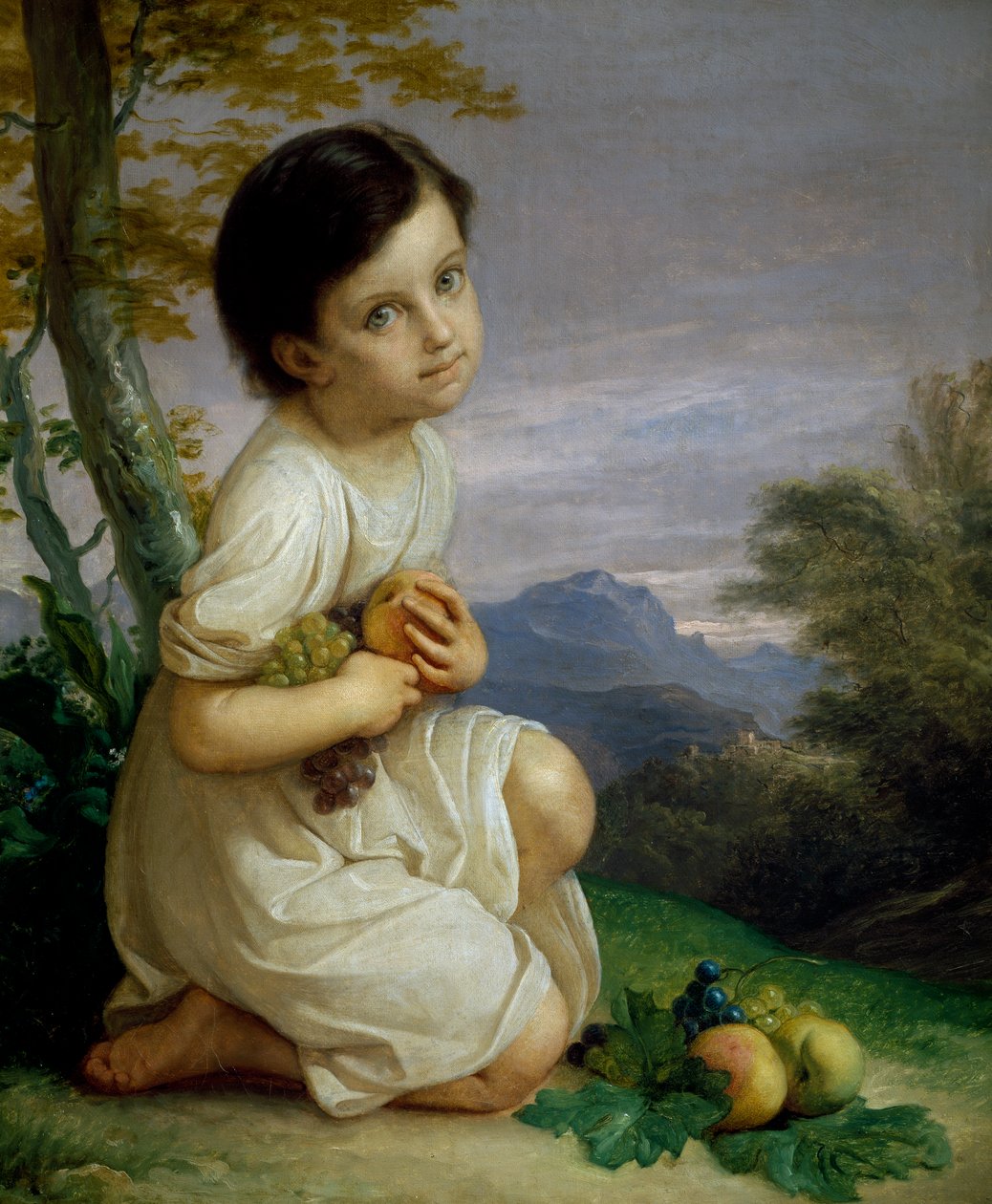 Porträtt av Lena Presti med frukt av Giacomo Trecourt