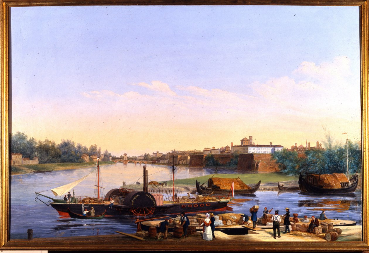 Utsikt över hamnen i Pavia (Pavia) på Po och ångbåten Principessa Clementina””””” Målning av Giacomo Trecourt (1812-1882) 1800-talet av Giacomo Trecourt