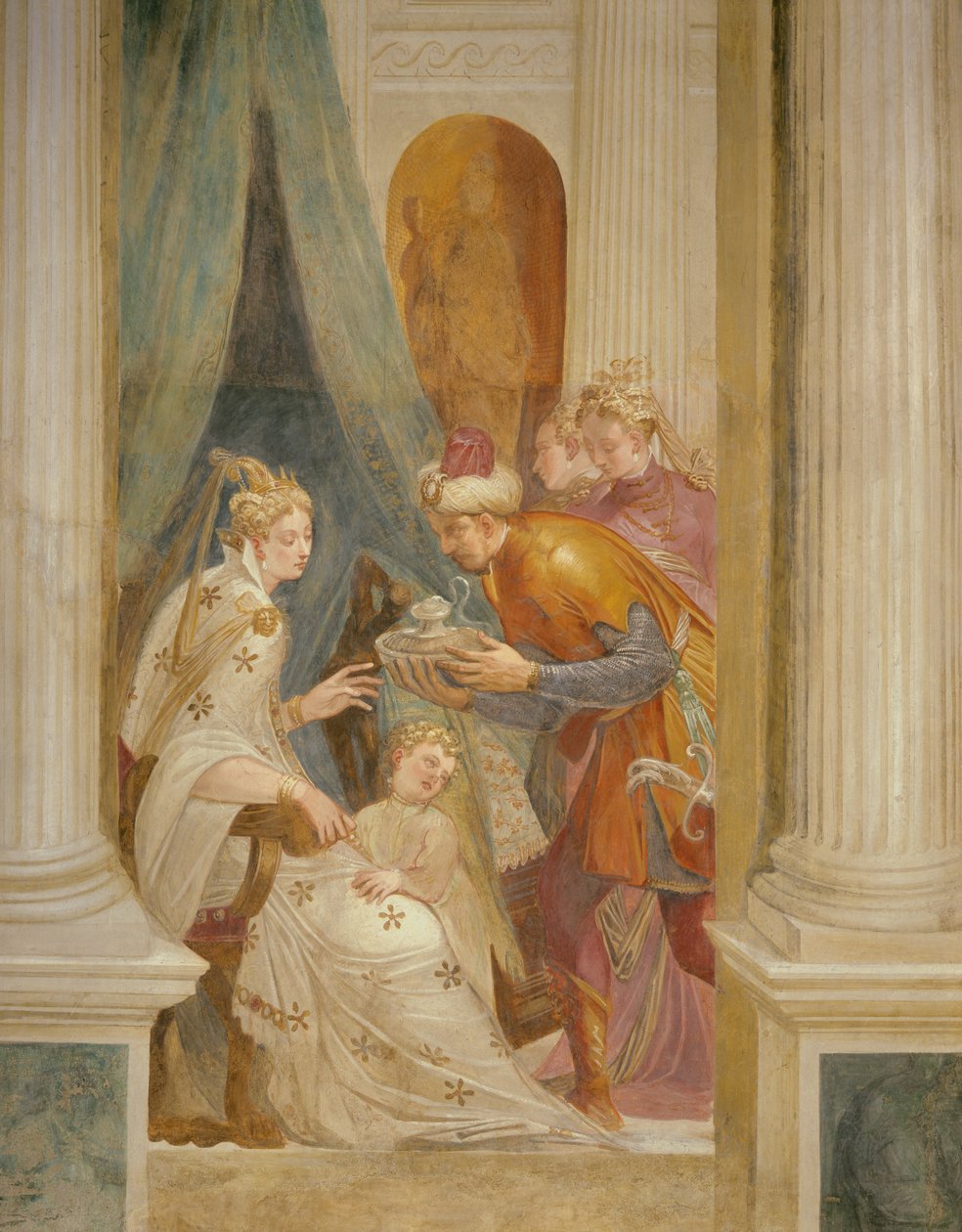 Höger vägg som visar Sophonisba med sitt barn som tar emot nästa kruka med gift (fresk) av Giambattista (1526 78) Zelotti