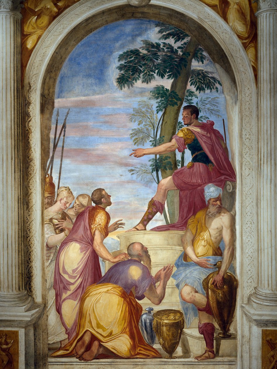 Scipios nåd, Scipio återförenar den besegrade Aluccio med sin hustru. av Giambattista Zelotti