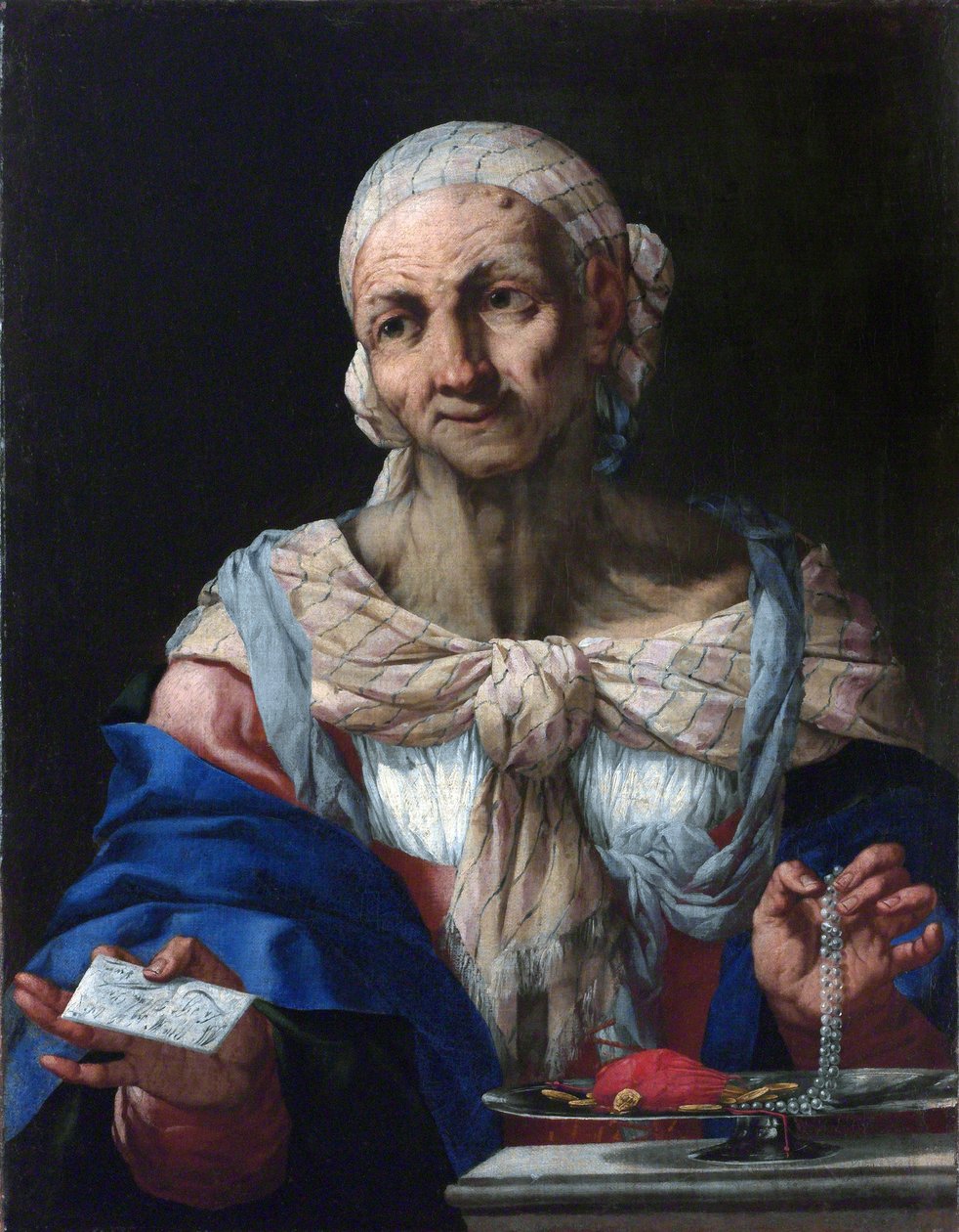 Old Woman with a Pearl Necklace and Letter (Vanitas) - Old Woman with a Pearl Necklace and Letter (Vanitas) - Giovan Battista Langetti (1635-1676). Olja på duk, ca 1663. Nationalgalleriet, Prag av Giambattista Langetti