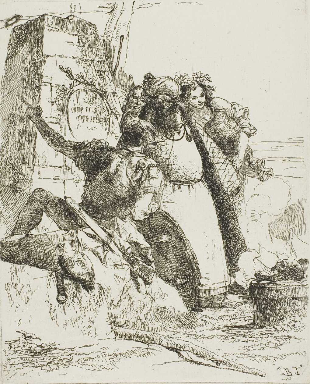 En trollkarl, en soldat och tre figurer som tittar på en brinnande skalle, från Scherzi av Giambattista Tiepolo