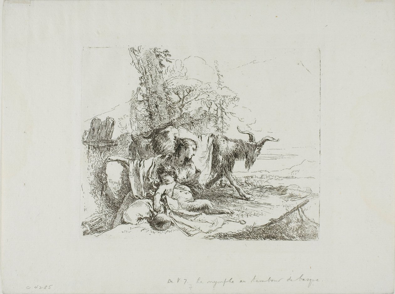 En nymf med en liten satyr och två getter, från Capricci av Giambattista Tiepolo