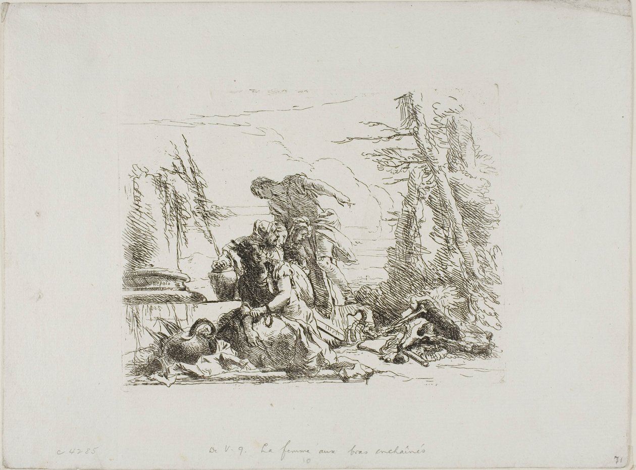 En kvinna med armarna i kedjor och fyra andra figurer, från Capricci av Giambattista Tiepolo