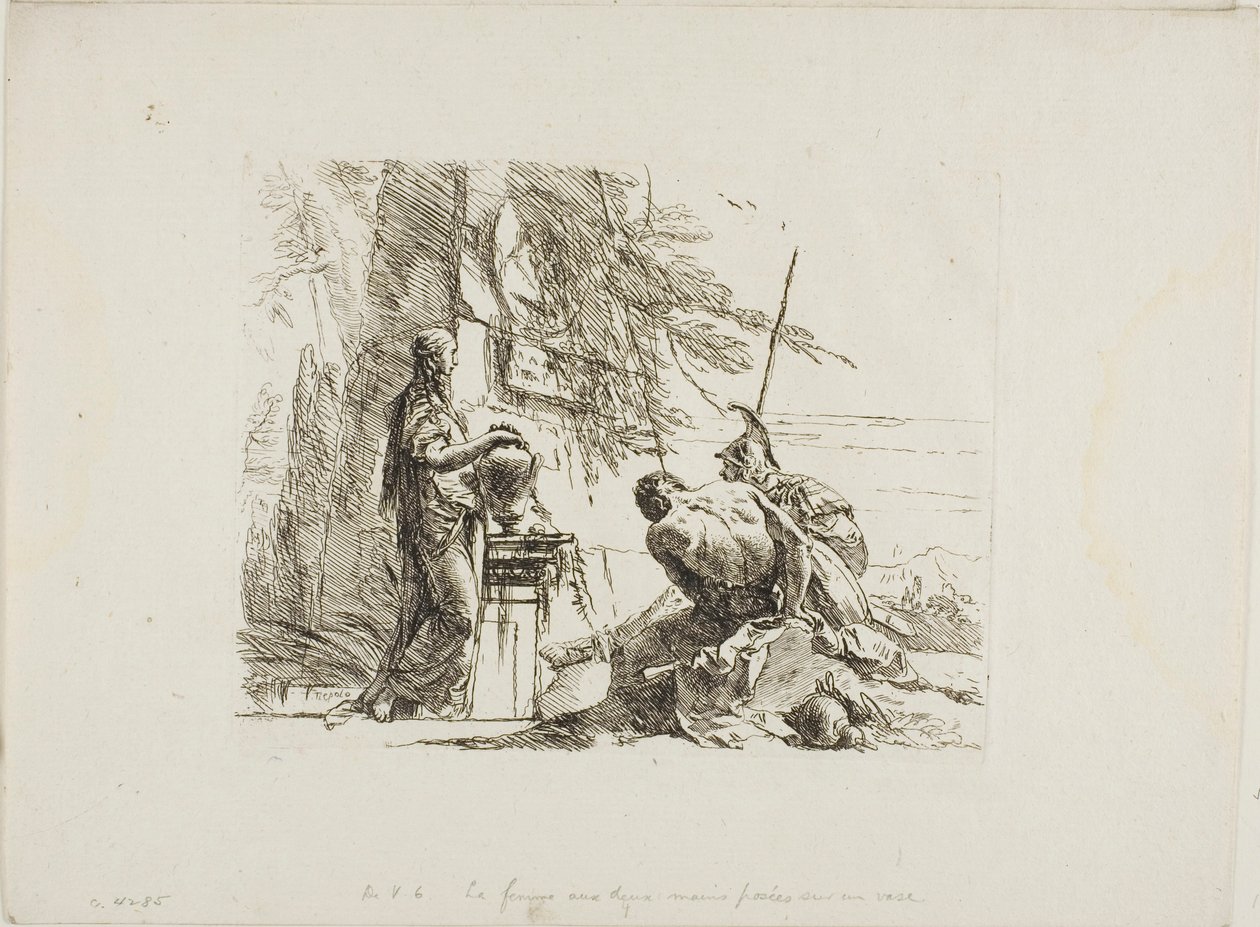 En kvinna med händerna på en vas, soldat och slav, från Capricci av Giambattista Tiepolo