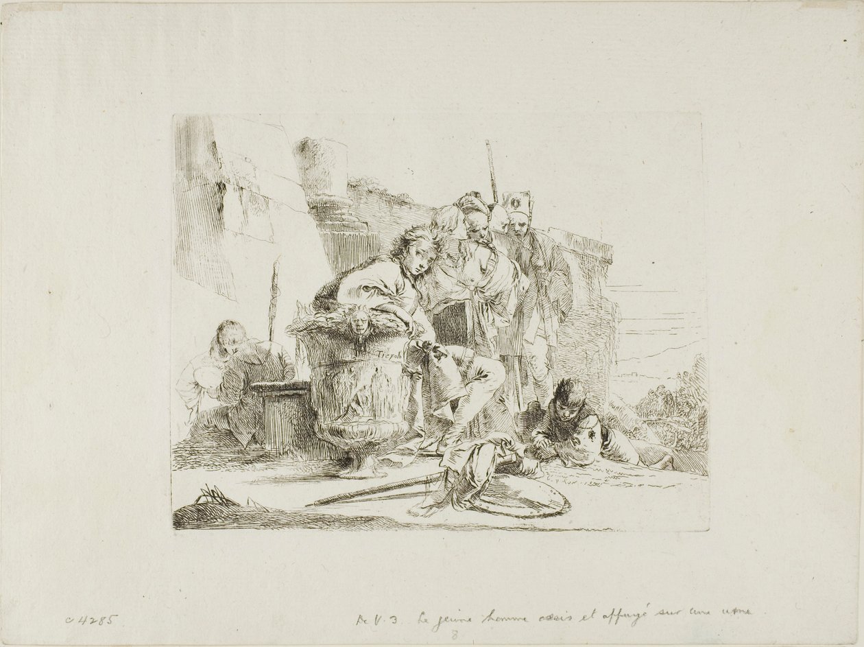 Sittande ungdom lutad mot en urna, från Capricci av Giambattista Tiepolo