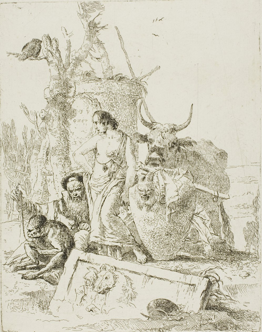Unga herdar och gammal man med en apa, från Scherzi av Giambattista Tiepolo
