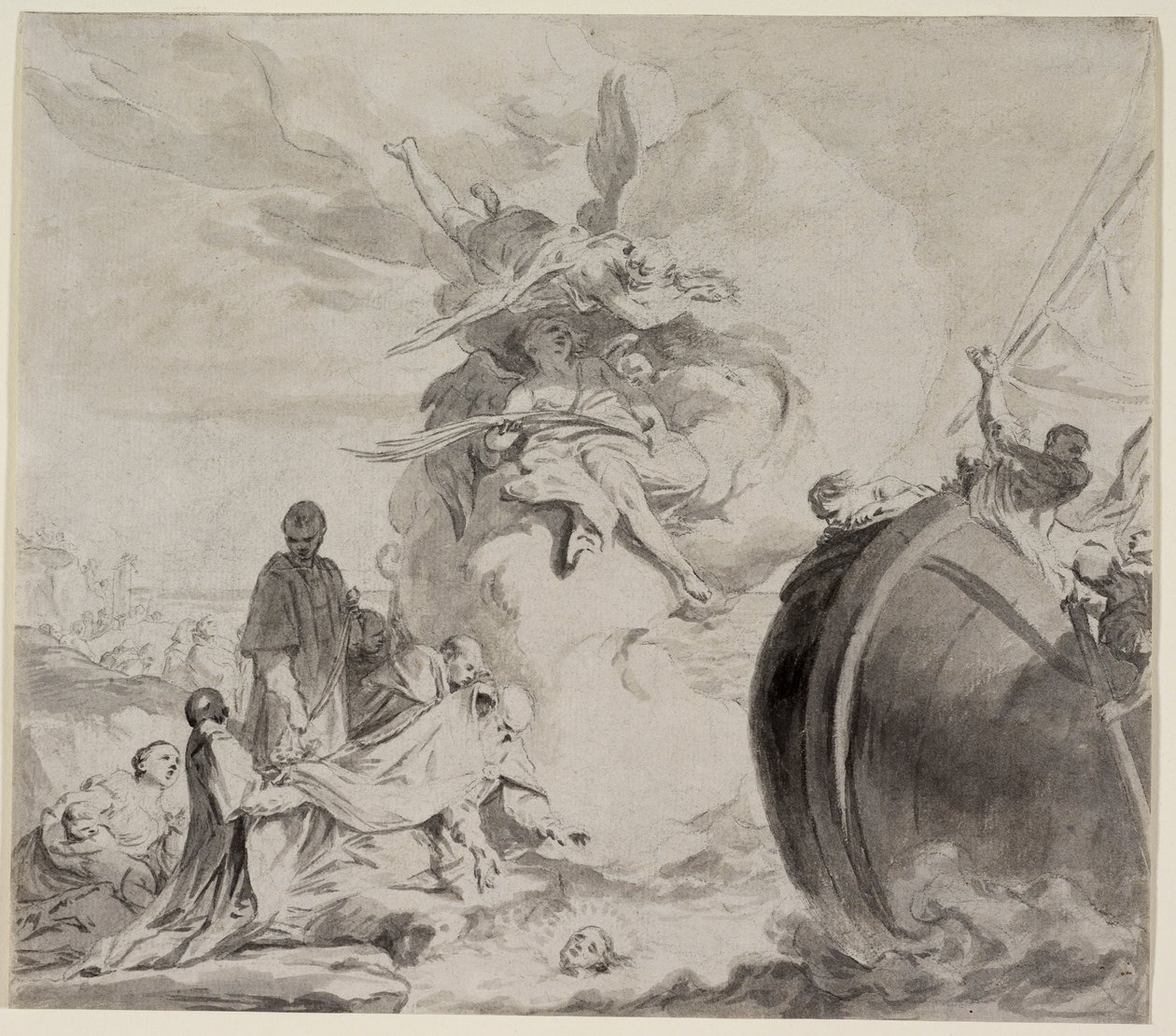 Huvudet av Saint Torpe räddas av änglar och återställs till ärkebiskop Frederigo (grå tvätt över svart krita på papper) av Giambettino Cignaroli