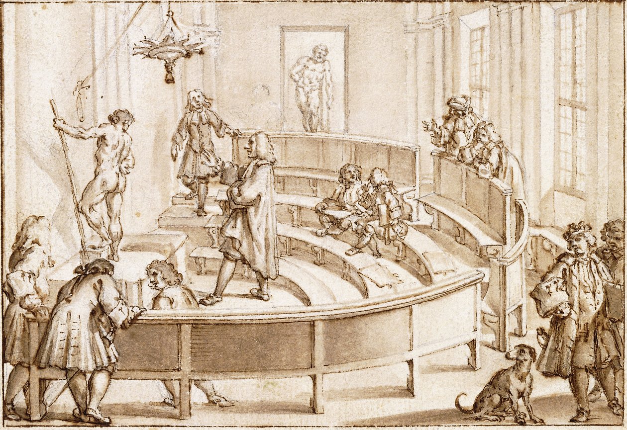 Accademia Clementina, Bologna, med en nakenmodell som poserar för teckningsläraren, med Farnese-Herkules i bakgrunden (svart krita, penna och brunt bläck med brun lavering) av Giampietro Zanotti