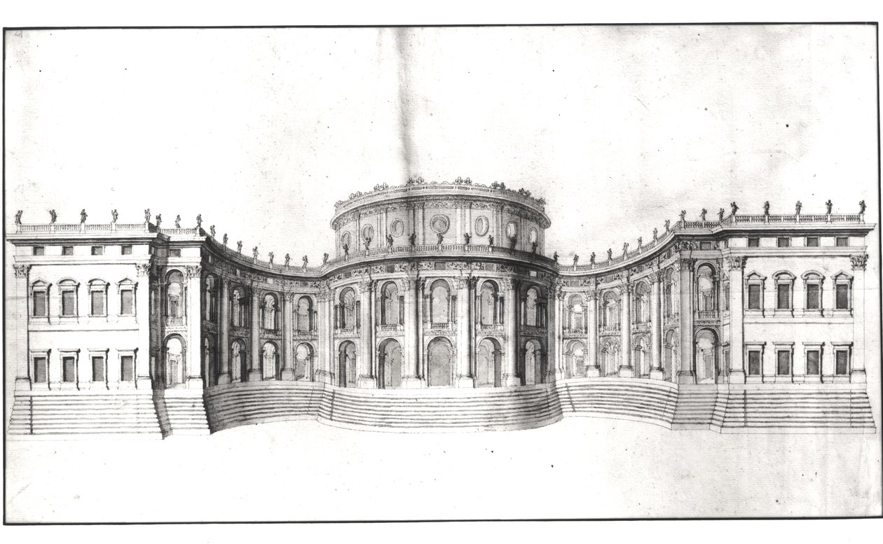 Första projektet för Louvren, förhöjning av den östra fasaden, från "Recueil du Louvre", volym I fol. 4, 1664 (penna, bläck och tvätt på papper) (se 164014) av Gian Lorenzo Bernini