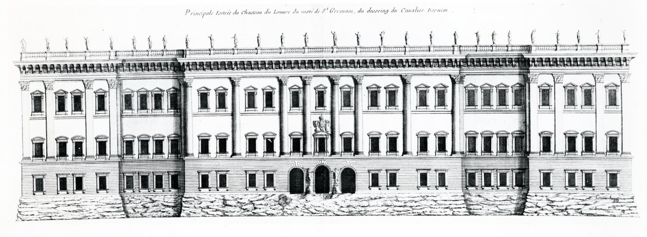 Tredje projektet för Palais du Louvren, Paris: Östra fasaden och huvudingången till palatset från Saint Germain-sidan, 1665 av Gian Lorenzo Bernini