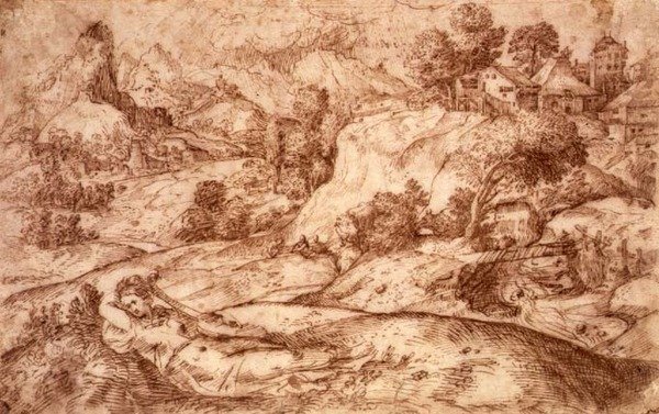 Nr.0955 Bergigt landskap med en liggande kvinnlig figur (penna och sepia på papper) av Gian Battista (attr. to) Angolo del Moro