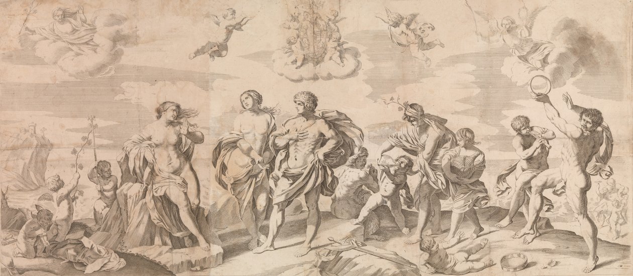 Bacchus med sina följeslagare upptäcker Ariadne på ön Naxos, efter Reni, 165..., 1650-80. av Gian Battista Bolognini