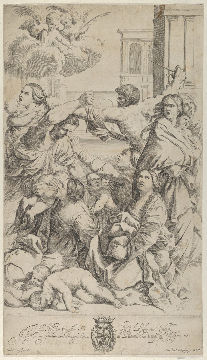 Massaker av de oskyldiga, grupp kvinnor och barn som attackeras, två änglar a..., ca. 1640-70. av Gian Battista Bolognini